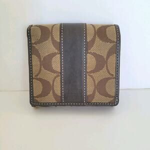 Coach Wallet Canvas Leather Signature Bifold 4x3 Small Beige Tan Compact Logo